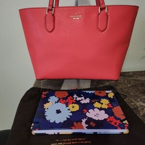 Kate Spade Bundle Coral Leather Tote W/ Dustbag & KS Notebook EUC
